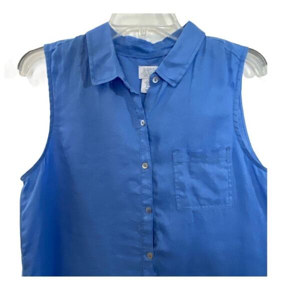 Sigrid Olsen Blue 100% Linen Sleeveless Collared Button Front Work Blouse Med - Picture 2 of 5